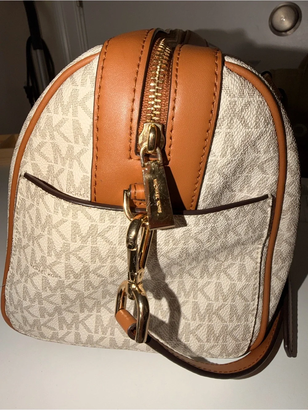 Michael Kors Tan and White Signature Stripe Satchel